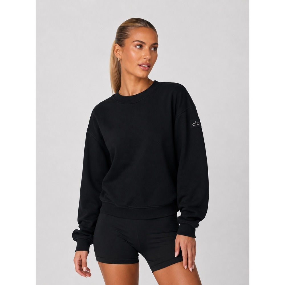 Alo Yoga Black Relaxed Crew Neck Pullover Sweatshirt Top Size XS